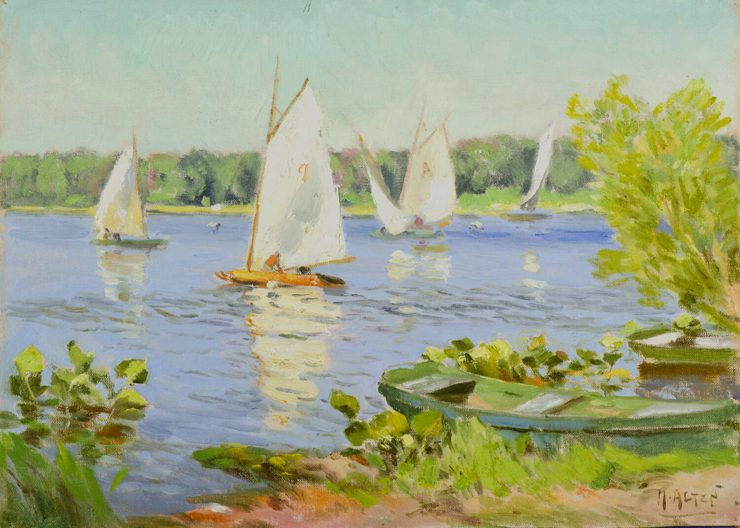 Serene water scene with white sailboats on blue water surrounded by green trees and grass. Green boat bottom right.